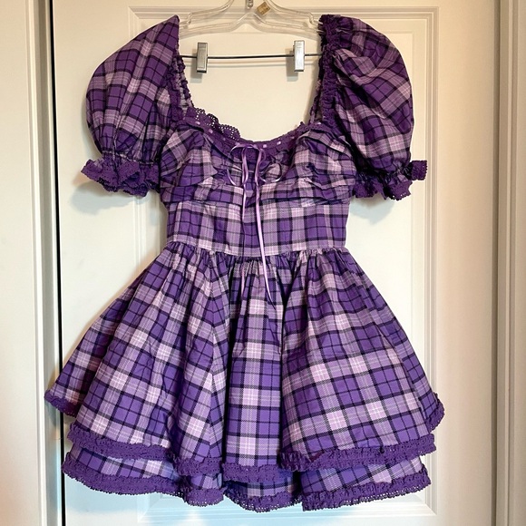Selkie Dresses & Skirts - Selkie 2024 Fall Collection BNWT Purple Plaid Puffy Mini Dress with Corset Back